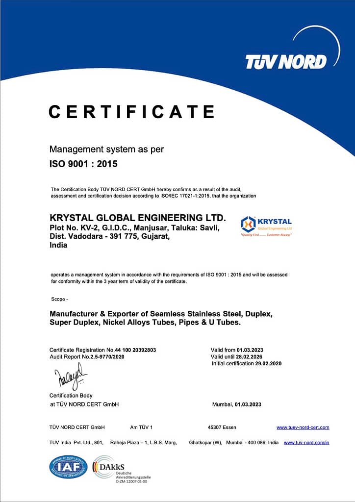 Krystal Global Engineering Limited is manufacturer of Tubes, Pipes, Duplex, Super Duplex, U Tubes, Coil Formed Tubes and is approved by ISO 9001:2015 and other different various organisations.