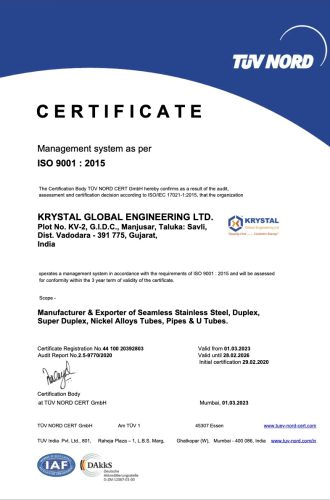 Krystal Global Engineering Limited is manufacturer of Tubes, Pipes, Duplex, Super Duplex, U Tubes, Coil Formed Tubes and is approved by ISO 9001:2015 and other different various organisations.